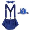 Royal Blue Baby Boy 1st Birthday Tuxedo Suit Set - Cartoon Theme Party Supplies, Bowtie Romper, Suspenders, Shorts, Diaper Cover, Smash Cake Photo Shoot view 1