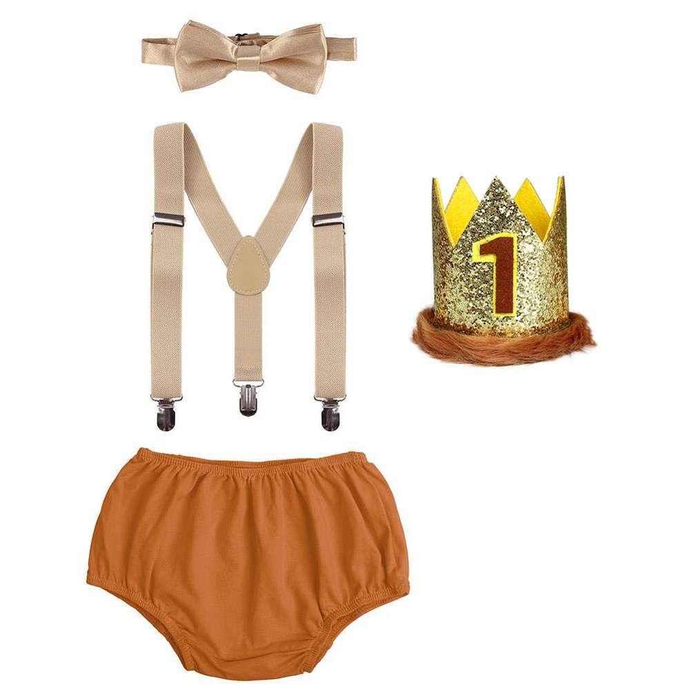 My 1st Birthday Outfit - Boy's Cartoon Theme Party Set - Bowtie Romper, Suspenders, Shorts, Diaper Cover, Smash Cake - Formal Tuxedo Suit - Light Brown