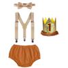 My 1st Birthday Outfit - Boy's Cartoon Theme Party Set - Bowtie Romper, Suspenders, Shorts, Diaper Cover, Smash Cake - Formal Tuxedo Suit - Light Brown view 1