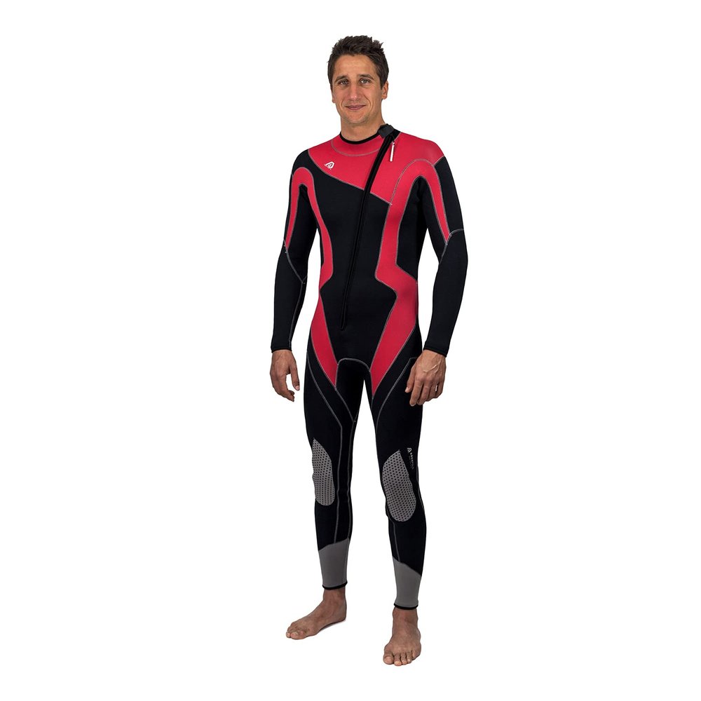 Aqua Polo Manta Ray Wetsuit for Men | Scuba Diving | 3 mm SC Neoprene | 4-Way Super Stretch | Neck Cuff Ankle Gaskets (Black/Red, S Short)