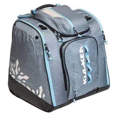 KULKEA Powder Trekker Womens Ski Boot Backpack - Ski Boot Bag With External Helmet Sling For Maximum Gear & Boot Storage - Durable, Spacious, Water Resistant Backpack (Lilac Stripes/White/Light Blue)