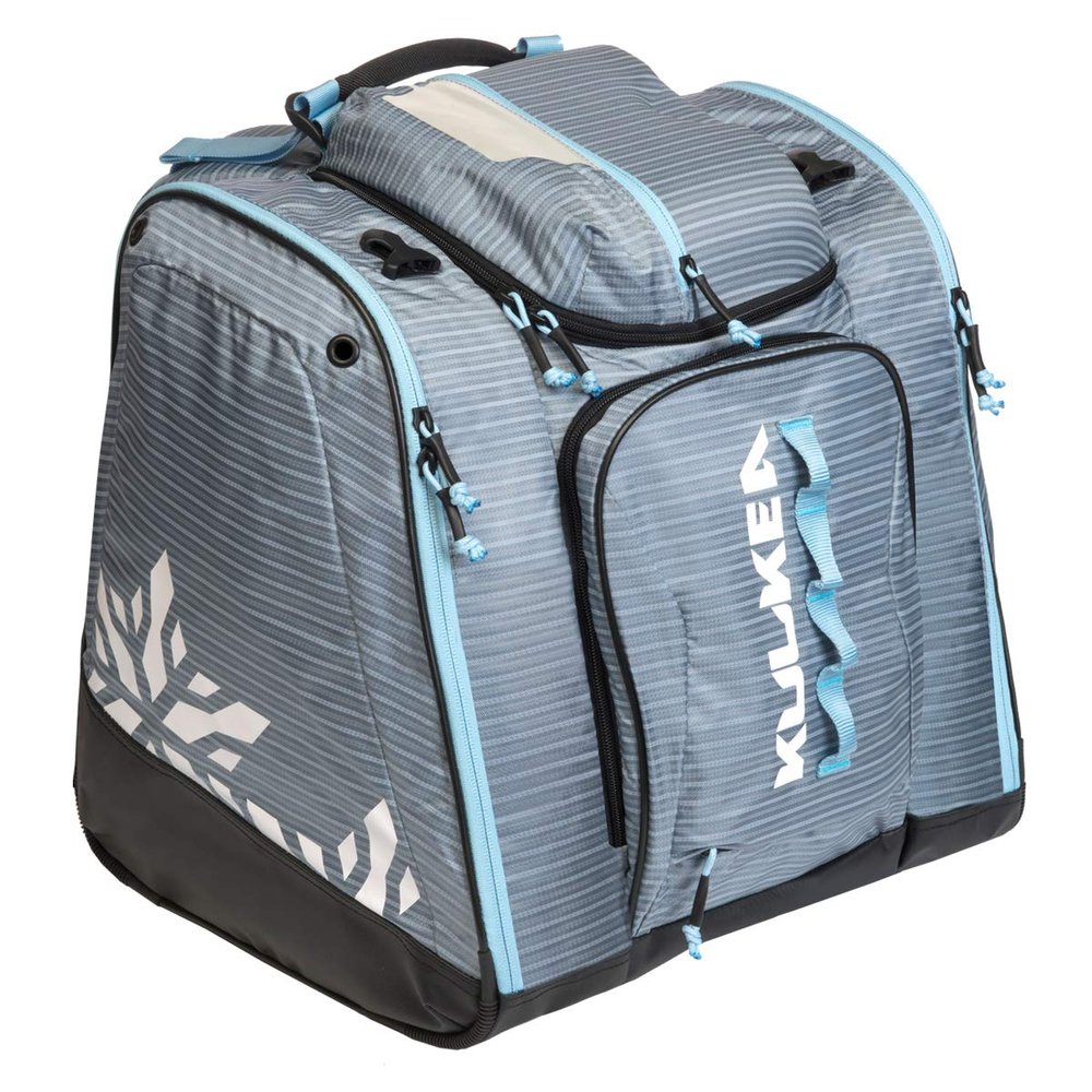 KULKEA Powder Trekker Womens Ski Boot Backpack - Ski Boot Bag With External Helmet Sling For Maximum Gear & Boot Storage - Durable, Spacious, Water Resistant Backpack (Lilac Stripes/White/Light Blue)