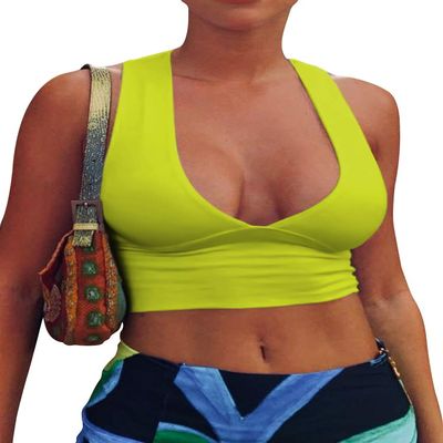 AEPEBO Sexy Crop Tops for Women Deep V Neck Back Cutout Sleeveless Plunge Racerback Tank Cropped Top Fluo Green XS