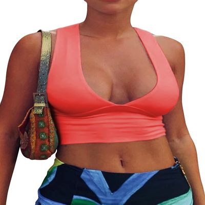 AEPEBO Sexy Crop Tops for Women Deep V Neck Back Cutout Sleeveless Plunge Racerback Tank Cropped Top Fluo Pink S