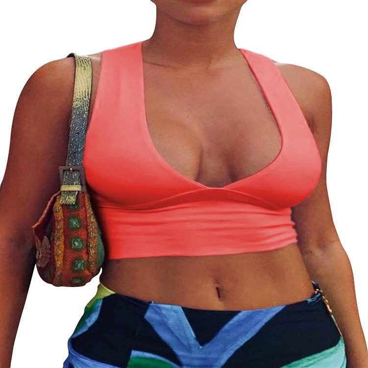 AEPEBO Sexy Crop Tops for Women Deep V Neck Back Cutout Sleeveless Plunge Racerback Tank Cropped Top Fluo Pink S