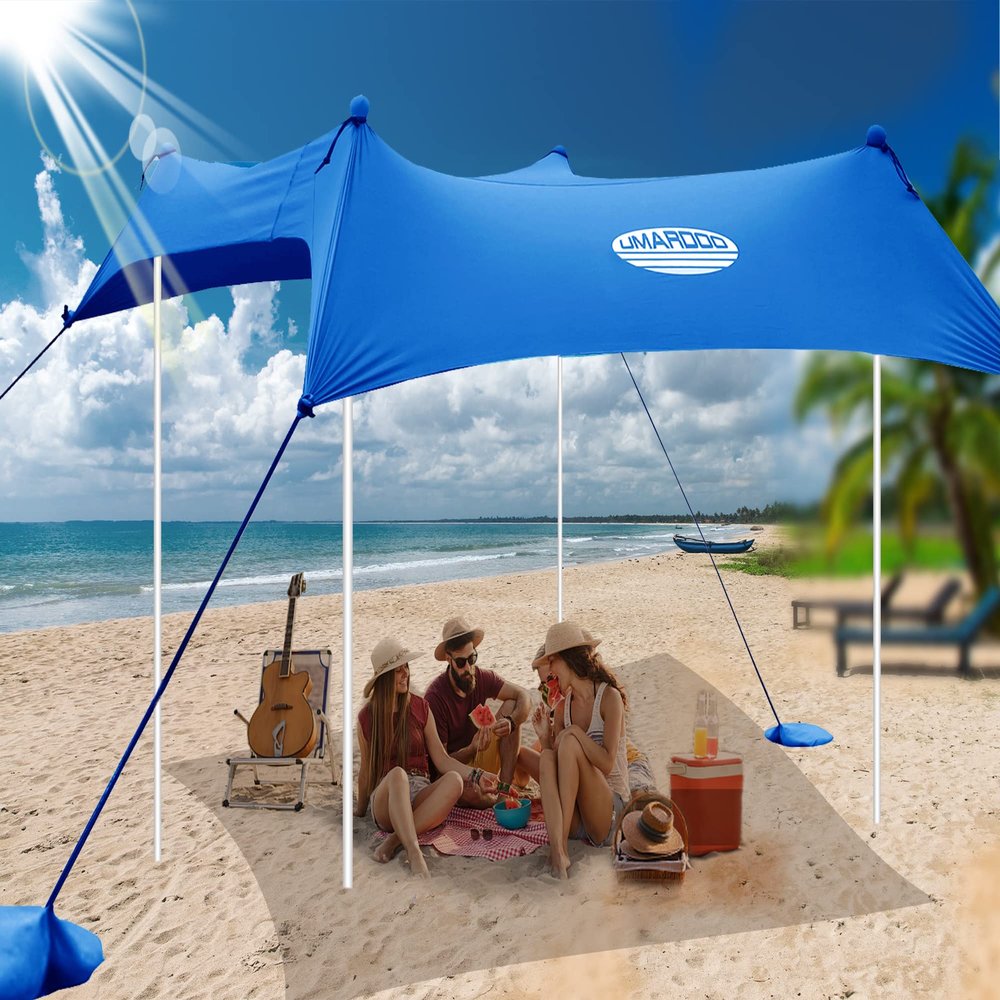 UMARDOO Family Beach Tent Canopy Sun Shade Portable 1010FT, Large Wind Resistance Beach Sun Shelter Easy Setup with Packable Carry Bag for Outdoor Travel UPF 50+ (Blue)