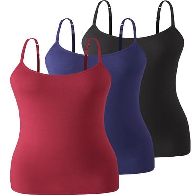 Air Curvey 3 Pack Camisole Tops for Women Built in Bra Adjustable Spaghetti Strap Soft Cotton Undershirt Tanks Seamless Layering Tops Black Navy Wine Red S