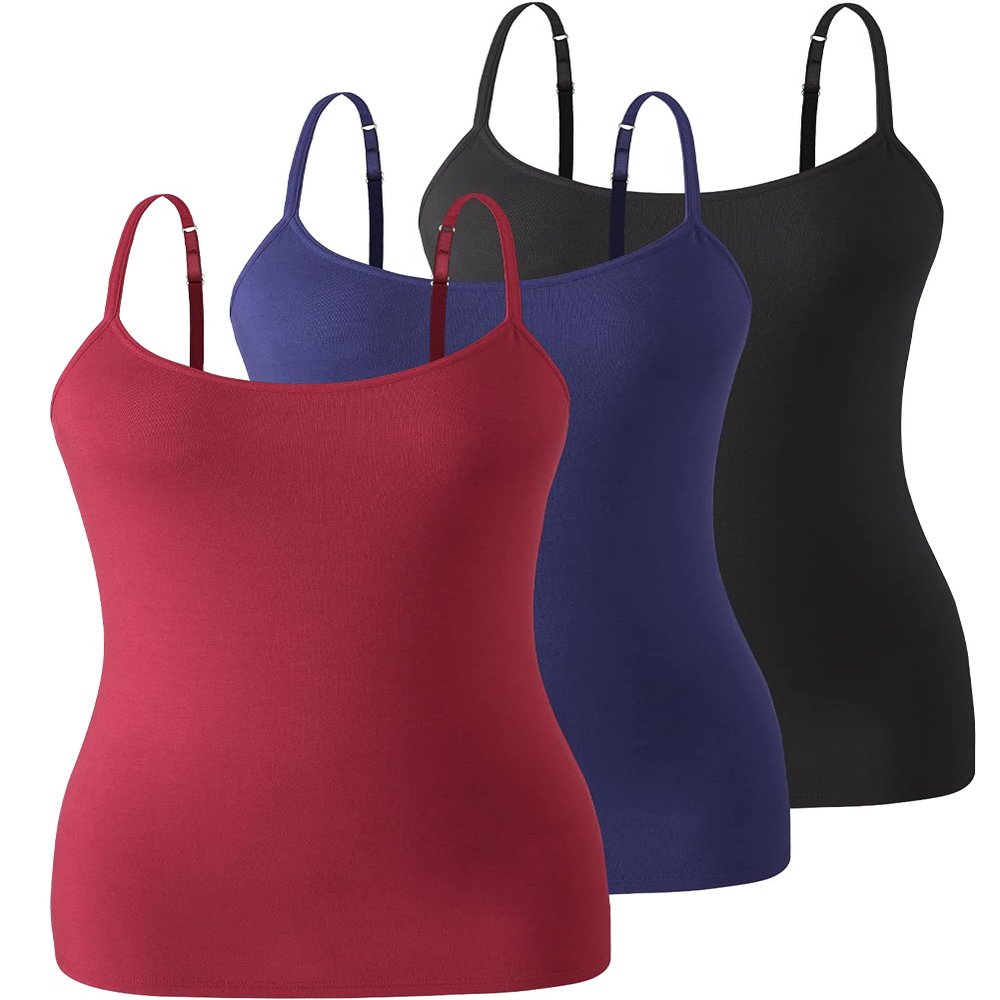 Air Curvey 3 Pack Camisole Tops for Women Built in Bra Adjustable Spaghetti Strap Soft Cotton Undershirt Tanks Seamless Layering Tops Black Navy Wine Red S
