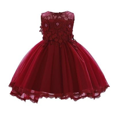 Baby Girl Birthday Dress Christening Baptism Lace Flower Embroidery Sleeveless Princess Tutu Tulle Dress Formal Party Pageant Evening High Low Hem Trailing Gown Dark Red 12-18 Months