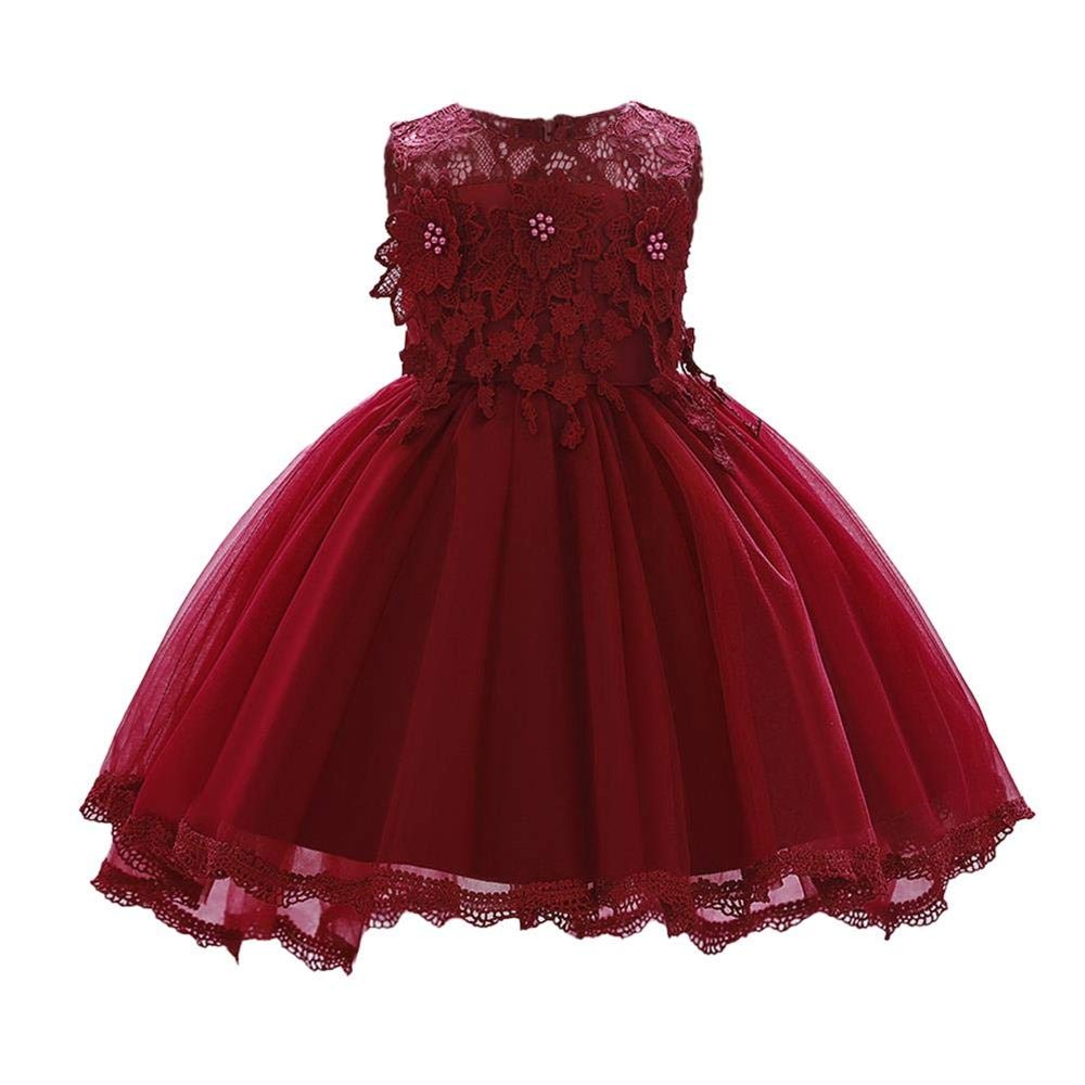 Baby Girl Birthday Dress Christening Baptism Lace Flower Embroidery Sleeveless Princess Tutu Tulle Dress Formal Party Pageant Evening High Low Hem Trailing Gown Dark Red 12-18 Months