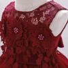 Baby Girl Birthday Dress Christening Baptism Lace Flower Embroidery Sleeveless Princess Tutu Tulle Dress Formal Party Pageant Evening High Low Hem Trailing Gown Dark Red 12-18 Months view 2