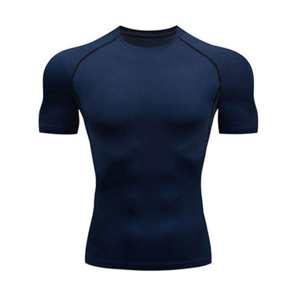 XUETON Mens Fitness Short Sleeve Shirt Solid Bodybuilding Yoga Running Training Tights Top Cool Quick Dry Shirts (Navy,Small)