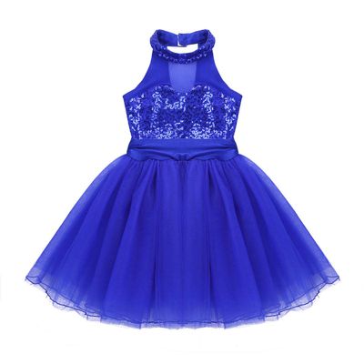 QinCiao Kids Girls Sequins Halter-Neck Mesh Splice Ballet Dance Tutu Dress Ballerina Gym Leotard Skirt Dancewear Costume Blue 5-6