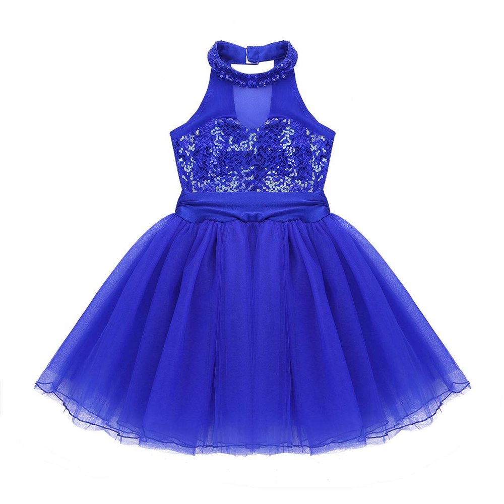 QinCiao Kids Girls Sequins Halter-Neck Mesh Splice Ballet Dance Tutu Dress Ballerina Gym Leotard Skirt Dancewear Costume Blue 5-6