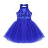 QinCiao Kids Girls Sequins Halter-Neck Mesh Splice Ballet Dance Tutu Dress Ballerina Gym Leotard Skirt Dancewear Costume Blue 5-6 view 1
