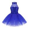 QinCiao Kids Girls Sequins Halter-Neck Mesh Splice Ballet Dance Tutu Dress Ballerina Gym Leotard Skirt Dancewear Costume Blue 5-6 view 2