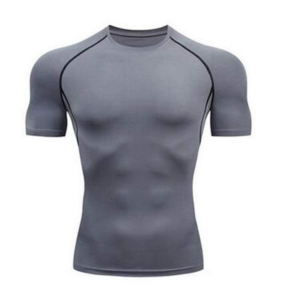 XUETON Mens Fitness Short Sleeve Shirt Solid Bodybuilding Yoga Running Training Tights Top Cool Quick Dry Shirts (Gray,Large)