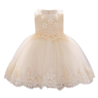 Baby Infant Formal Dress Flower Girl Wedding Bridesmaid Lace Tutu Tulle Summer Sleeveless Knee Length Bowknot Baptism Christening Evening Pageant Dress Photography Champagne 18-24M