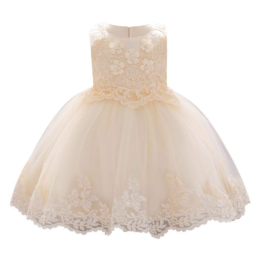 Baby Infant Formal Dress Flower Girl Wedding Bridesmaid Lace Tutu Tulle Summer Sleeveless Knee Length Bowknot Baptism Christening Evening Pageant Dress Photography Champagne 18-24M