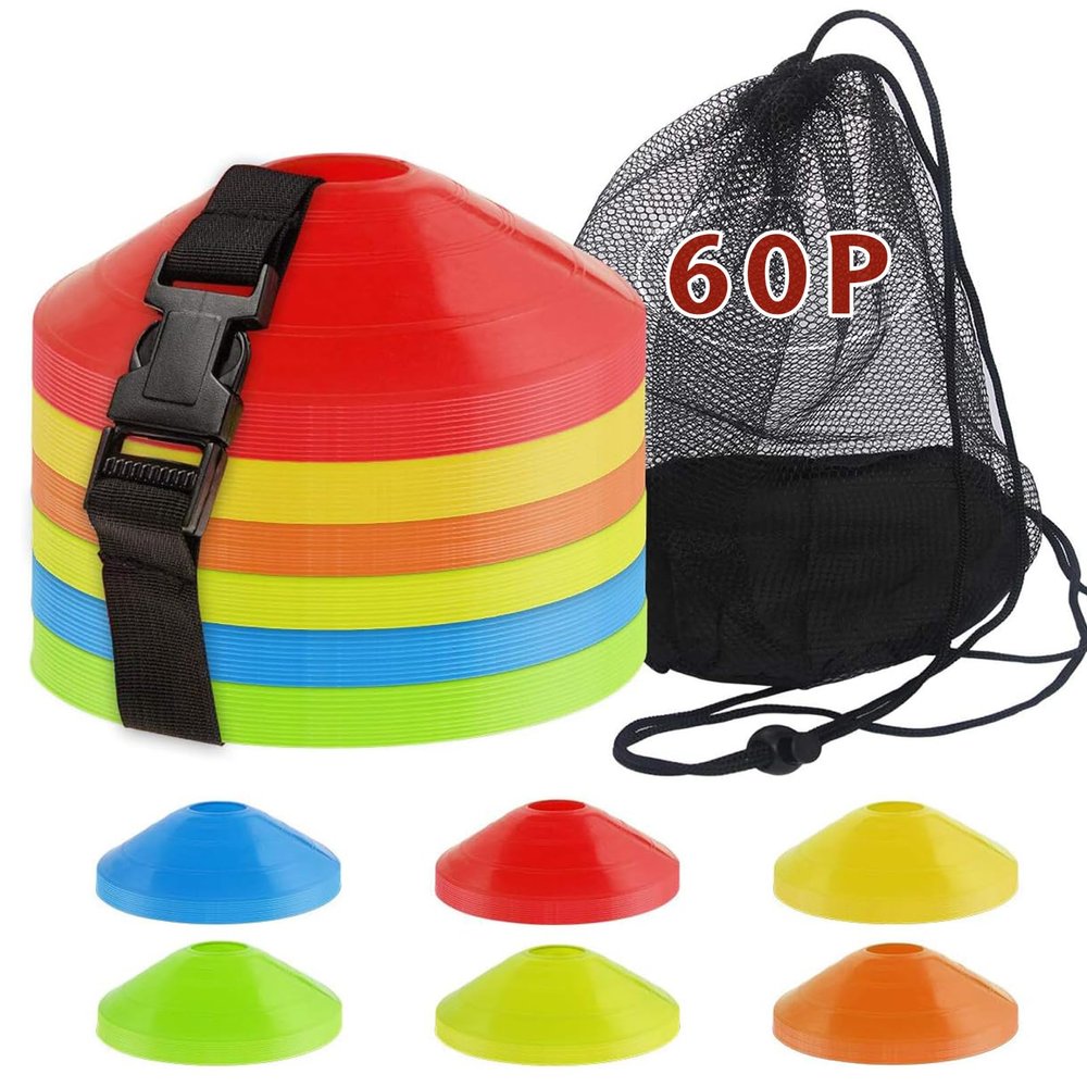 60PCS Sports Soccer Cones Agility Soccer Disc Cones with Carry Strap Carry Bag Training Soccer Cones, Field Marker Cones for Challenge Football Basketball Skating Kids Games Outdoor Indoor Sports