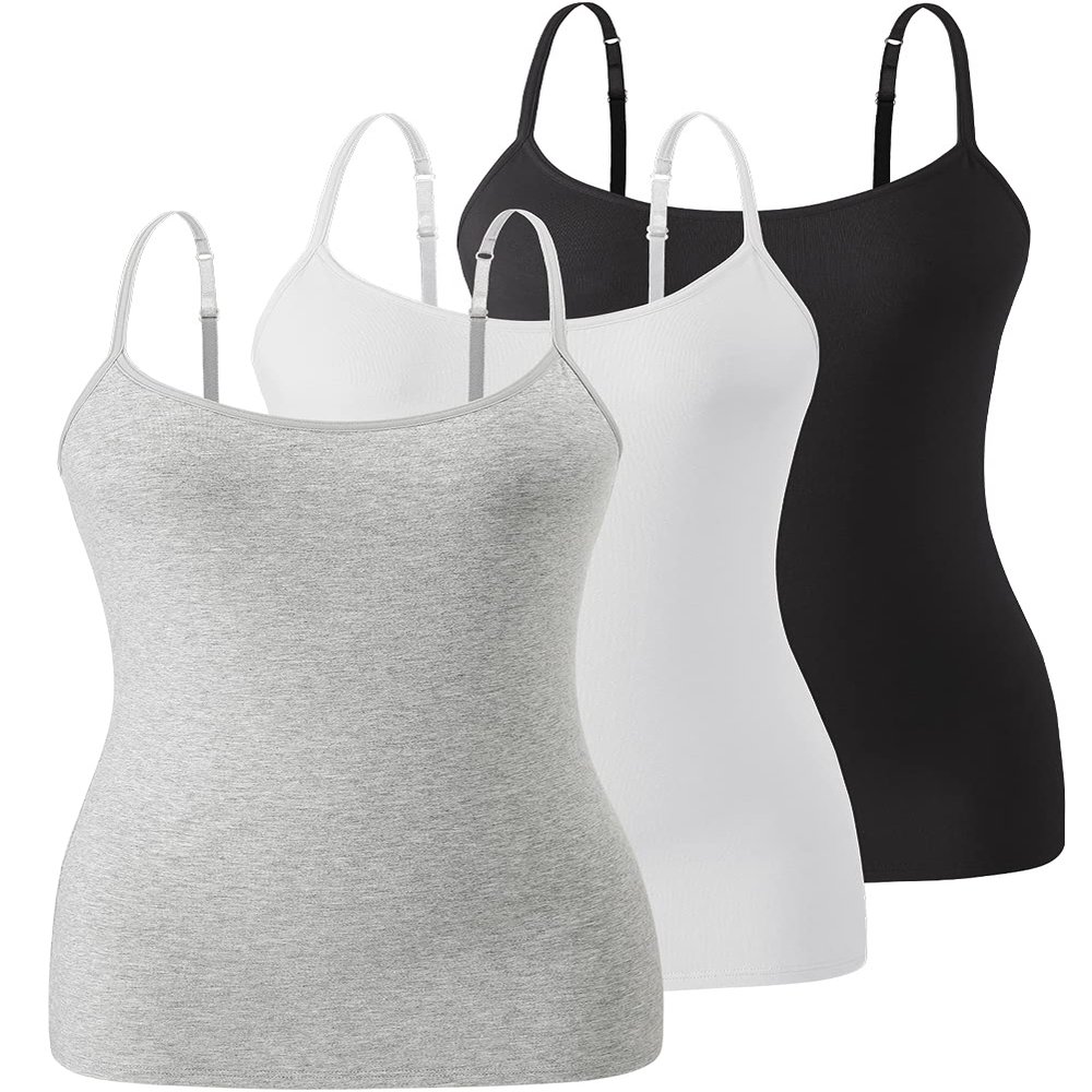 Air Curvey 3 Pack Camisole Tops for Women Built in Bra Adjustable Spaghetti Strap Soft Cotton Undershirt Tanks Seamless Layering Tops Black Whte Grey XXL
