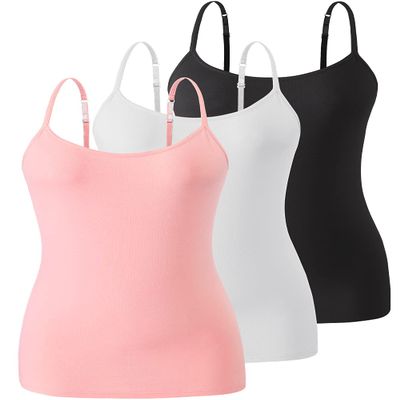 Air Curvey 3 Pack Camisole Tops for Women Built in Bra Adjustable Spaghetti Strap Soft Cotton Undershirt Tanks Seamless Layering Tops Black Whte Pink S