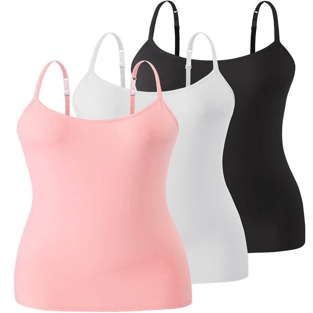 Air Curvey 3 Pack Camisole Tops for Women Built in Bra Adjustable Spaghetti Strap Soft Cotton Undershirt Tanks Seamless Layering Tops Black Whte Pink S