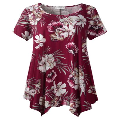 LARACE Floral Tops for Women Plus Size Shirt Short Sleeve Summer Clothes Swing Flower Tunic Asymmetrical Blouses, A-Wine red, 1X