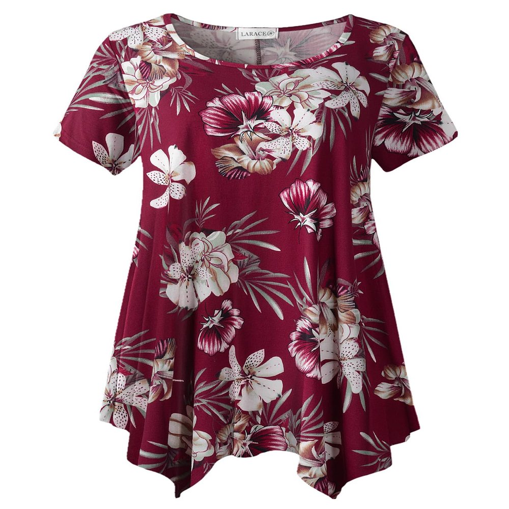 LARACE Floral Tops for Women Plus Size Shirt Short Sleeve Summer Clothes Swing Flower Tunic Asymmetrical Blouses, A-Wine red, 1X