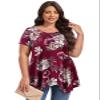 LARACE Floral Tops for Women Plus Size Shirt Short Sleeve Summer Clothes Swing Flower Tunic Asymmetrical Blouses, A-Wine red, 1X view 2