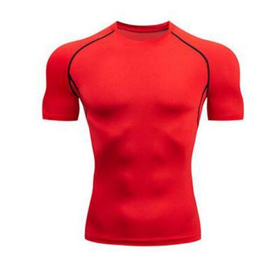 XUETON Mens Fitness Short Sleeve Shirt Solid Bodybuilding Yoga Running Training Tights Top Cool Quick Dry Shirts (Red,Small)