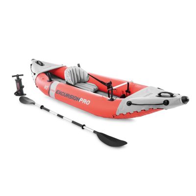 INTEX 68303EP Excursion Pro K1 Inflatable Kayak Set: Includes Deluxe 86in Kayak Paddles and High-Output Pump  SuperTough PVC  Adjustable Bucket Seat  1-Person  220lb Weight Capacity