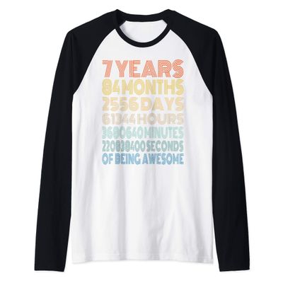 7th Birthday 7 Years Old Vintage Retro 84 Months Raglan Baseball Tee