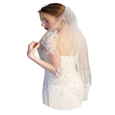 EllieHouse Womens Short Fingertip Length 1 Tier Lace White Wedding Bridal Veil With Metal Comb L98WT