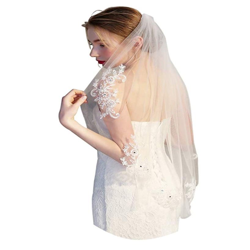 EllieHouse Womens Short Fingertip Length 1 Tier Lace White Wedding Bridal Veil With Metal Comb L98WT
