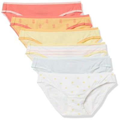 Amazon Essentials Women's Cotton Bikini Brief Underwear (Available in Plus Size), Pack of 6, Lemon/Multicolor/Pineapple/Stripe, Large