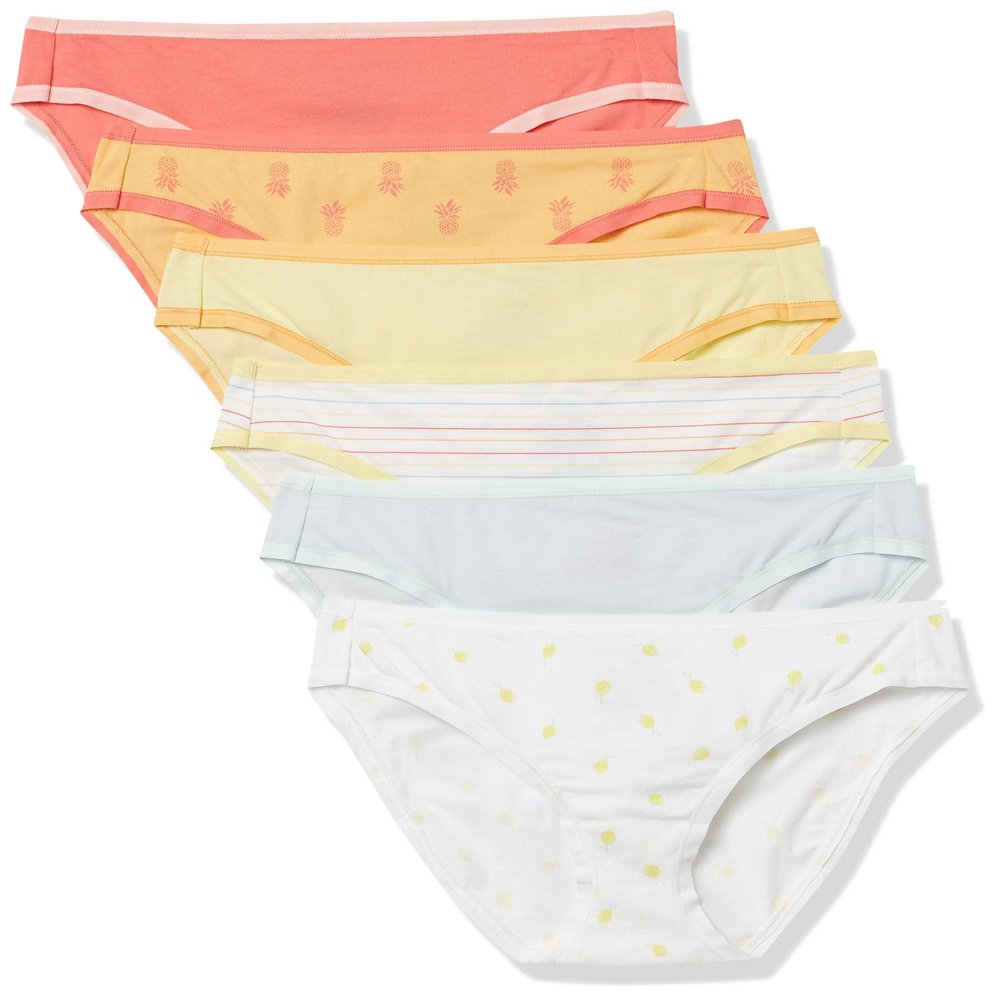 Amazon Essentials Women's Cotton Bikini Brief Underwear (Available in Plus Size), Pack of 6, Lemon/Multicolor/Pineapple/Stripe, Large