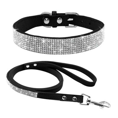 Dog Collar Adjustable Suede Leather Puppy Dog Collar Leash Set Soft Rhinestone Small Medium Dogs Cats Collars Walking Leashes Pink Xs S M (Color : Black, Size : XS)