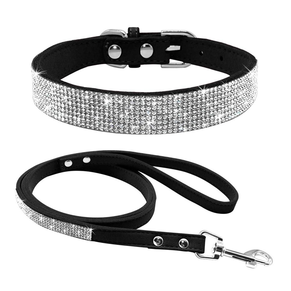 Dog Collar Adjustable Suede Leather Puppy Dog Collar Leash Set Soft Rhinestone Small Medium Dogs Cats Collars Walking Leashes Pink Xs S M (Color : Black, Size : XS)