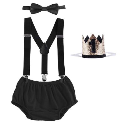 1st Birthday Boy Outfit Cake Smash Formal Photo Prop Baby Shower Shorts Pants Suspenders Bow Tie Shiny Sequin Headwear Black & Crown 3-24 Months