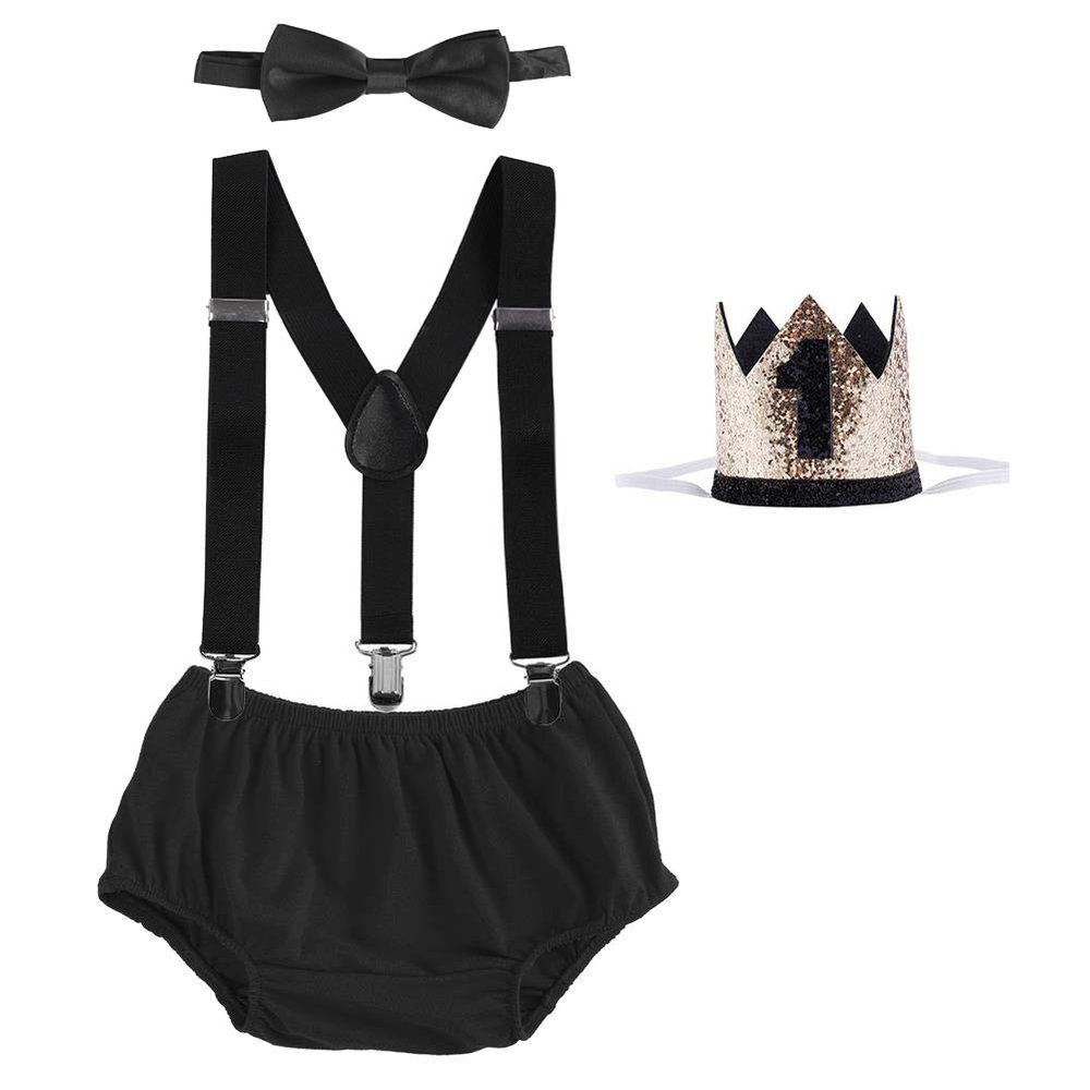 1st Birthday Boy Outfit Cake Smash Formal Photo Prop Baby Shower Shorts Pants Suspenders Bow Tie Shiny Sequin Headwear Black & Crown 3-24 Months