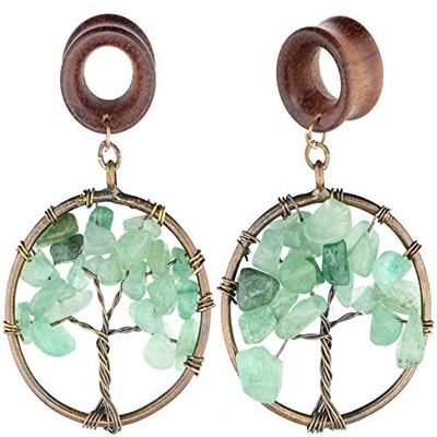 00G 10mm Natural Green Aventurine Tree of Life Wood Dangle Ear Gauges Piercing Flesh Tunnels Plugs Stretching Kit Expander