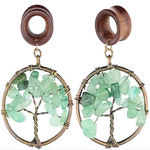 00G 10mm Natural Green Aventurine Tree of Life Wood Dangle Ear Gauges Piercing Flesh Tunnels Plugs Stretching Kit Expander