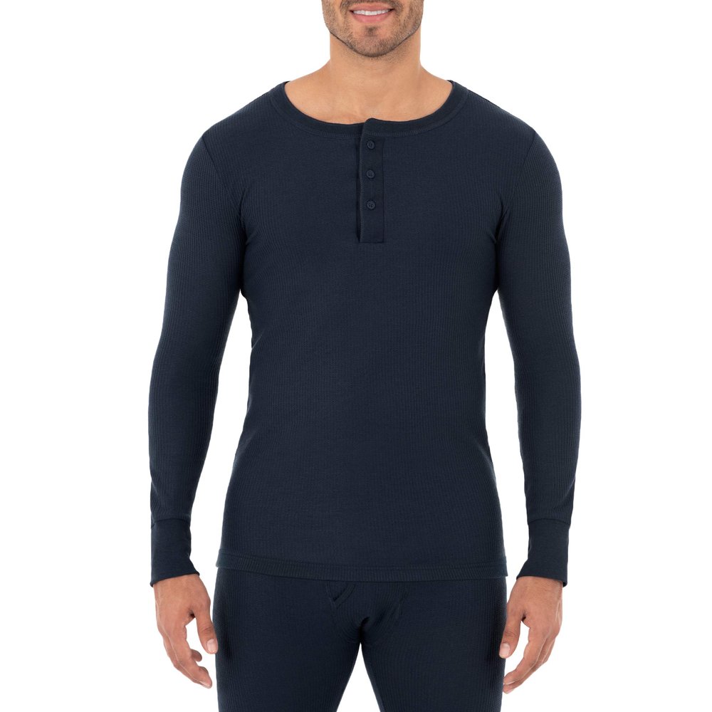 Fruit of The Loom Men's Recycled Waffle Thermal Underwear Henley Top, Navy, 4X-Large