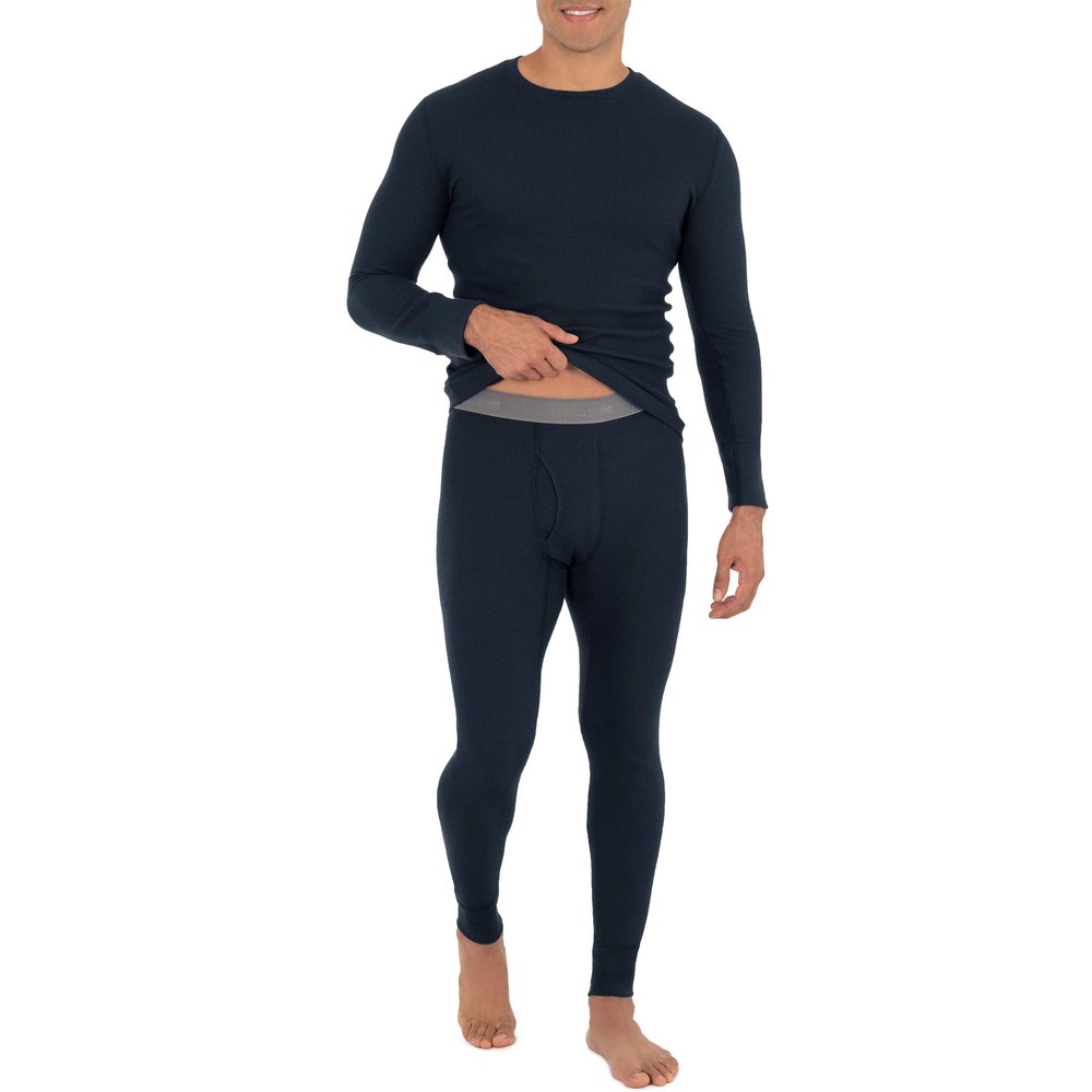 Fruit of The Loom Men's Recycled Waffle Thermal Underwear Set (Top and Bottom), Navy, Large