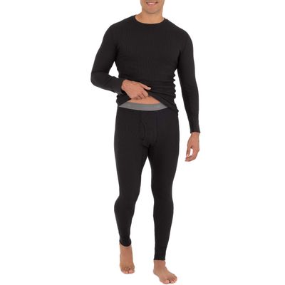 Fruit of the Loom Men's Recycled Waffle Thermal Underwear Set (Top and Bottom), Black, Medium