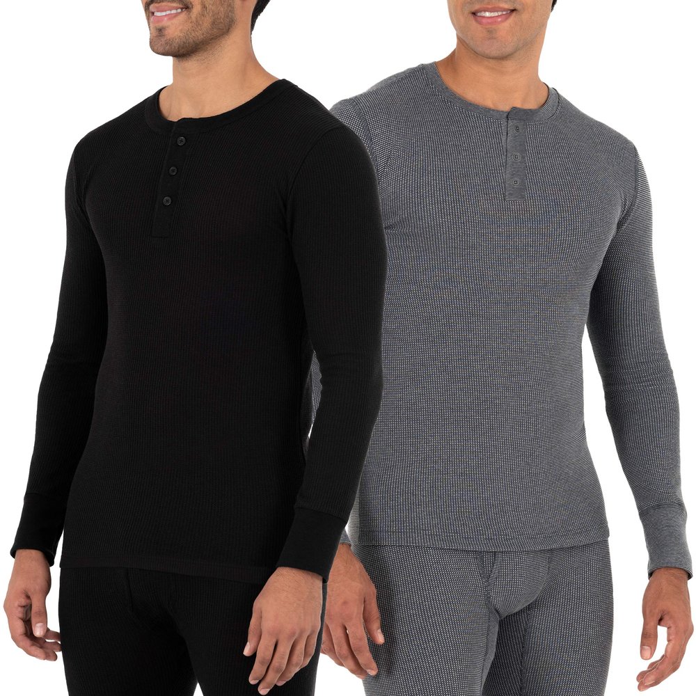 Fruit of The Loom Men's 2-Pack Recycled Waffle Thermal Underwear Henley Top, Black/Greystone Heather, 4X-Large