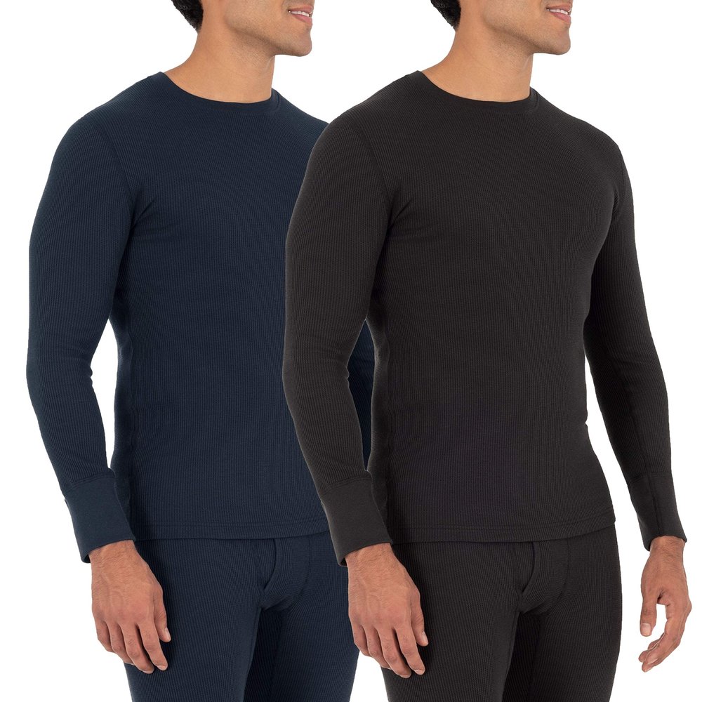 Fruit of the Loom Men's 2-Pack Recycled Waffle Thermal Underwear Crew Top, Black/Navy, Medium