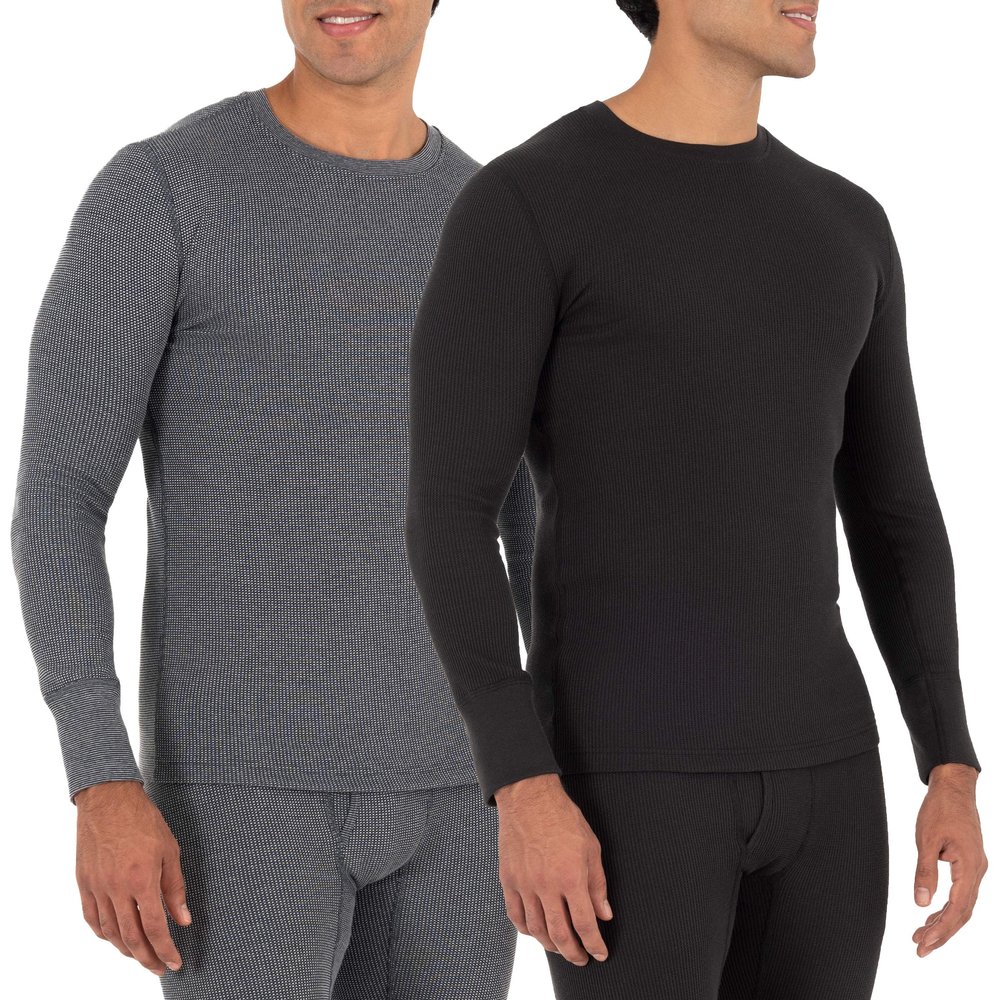 Fruit of The Loom Men's Recycled Waffle Thermal Underwear Crew Top (1 and 2 Packs), XX-Large, Black/Greystone Heather