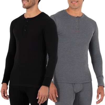 Fruit of The Loom Men's 2-Pack Recycled Waffle Thermal Underwear Henley Top, Black/Greystone Heather, X-Large